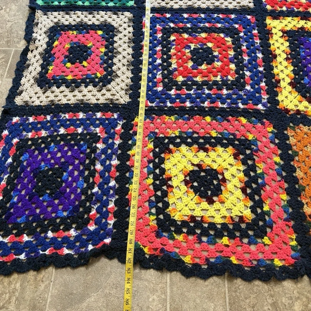 Vintage Handmade Crochet Granny Square Afghan Blanket 82x56 Ugly Colorful LARGE